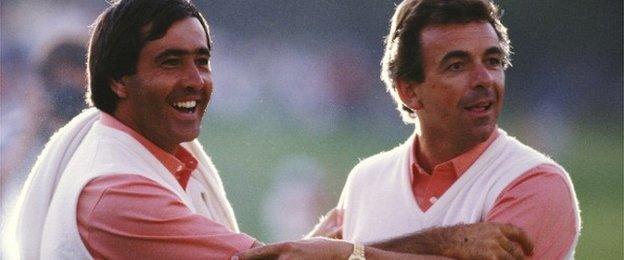 Seve Ballesteros of the European team celebrates with captain Tony Jacklin during the Ryder Cup