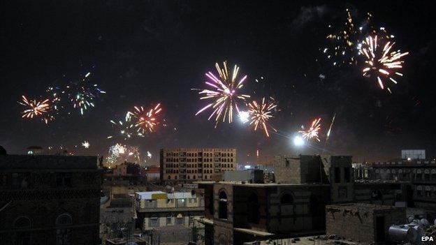 Shia Houthi rebels release fireworks to celebrate the ceasefire deal that was signed on 21 September, in Sanaa, Yemen, on 22 September 2014.