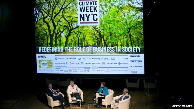 Founder of Virgin Group Sir Richard Branson discusses the interaction between business and climate on a panel with Mary Robinson (second from right), the UN Special Envoy for Climate Change during a New York City Climate Week event at the Morgan Library in New York City (22 September 2014)