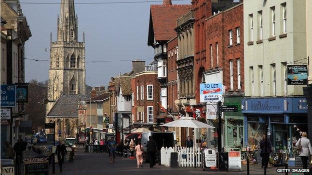 Gloucester town centre with cathedral in background