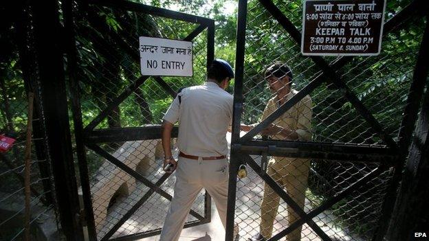 A policeman enters an enclosure at the zoo after a young man was killed by a white tiger in the Delhi zoo