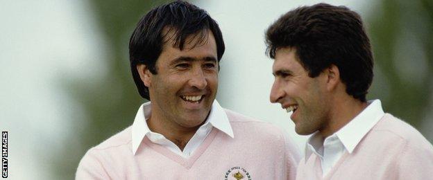 Spanish golfers Severiano Ballesteros (left) and Jose Maria Olazabal shaking hands during a Ryder Cup match at The Belfry, Warwickshire, in September, 1988