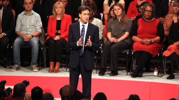 Ed Miliband giving his keynote speech in Manchester