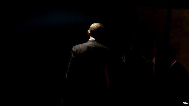 US President Barack Obama walks off stage after addressing the Climate Summit 2014 at United Nations headquarters in New York, New York, USA, 23 September 2014