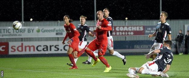 Falkirk's Owain Tudur Jones scores an own goal in the match with Rangers