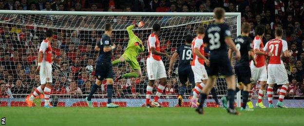 Nathaniel Clyne's shot hits the back of the Arsenal net