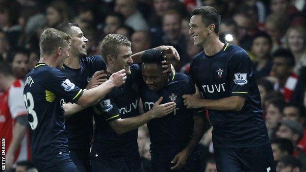 Nathaniel Clyne (second from left) is congratulated by Southampton team-mates after scoring