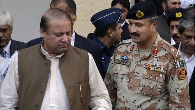 Maj. Gen. Rizwan Akhtar, right, walks with Prime minister Nawaz Sharif in Karachi, Pakistan