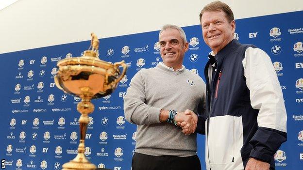 Paul McGinley (left) and US captain Tom Watson (right) pose with the Ryder Cup during a press conference prior to the start of the 40th Ryder Cup at Gleneagles