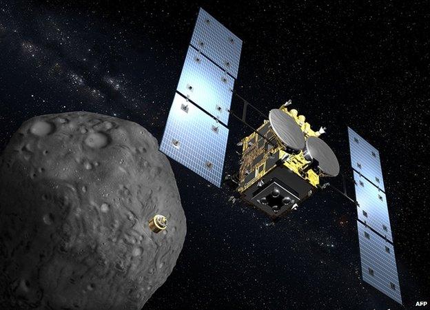 A graphic shows Japan's planned Hayabusa-2 nearing asteroid 1999 JU3 for sampling