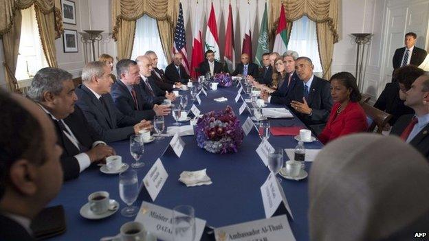 US President Barack Obama meets with representatives from five Arab nations that joined the US in Syrian airstrikes, as well as Iraq, during a meeting on the sidelines of the United Nations General Assembly in New York, 23 September 2014