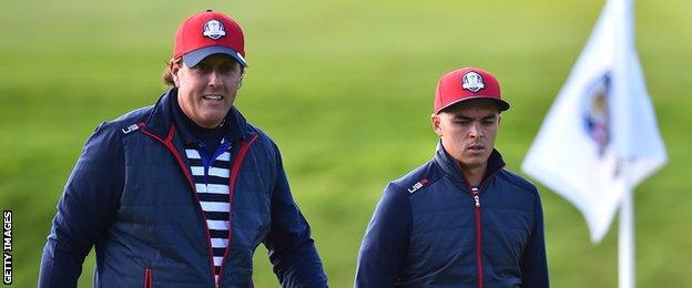 Phil Mickelson with team-mate Rickie Fowler (right)