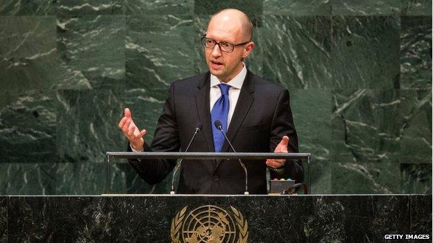 Ukraine Prime Minister Arseniy Yatsenyuk speaks at the 69th United Nations General Assembly in New York City, 24 September 2014