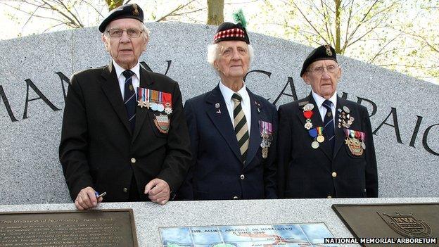 Normandy veterans in front of memorial