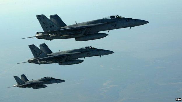 A formation of US Navy F-18E Super Hornets en route to Syria to carry out air strikes (23 September 2014)