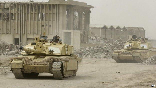 British Challenger II tanks on the move in Basra, March 2003