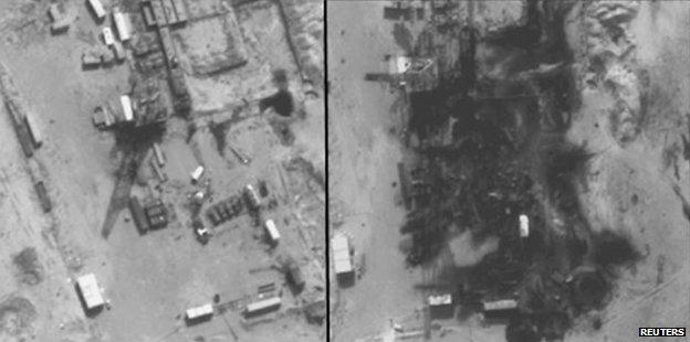 Aerial photographs released by the US Department of Defence showing before and after the US-led air strikes on the Gbiebe modular oil refinery in Syria (25 September 2014)