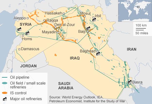 Map showing Islamic State-controlled oil fields in Iraq and Syria