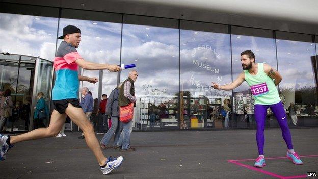 Shia LaBeouf runs in Amsterdam