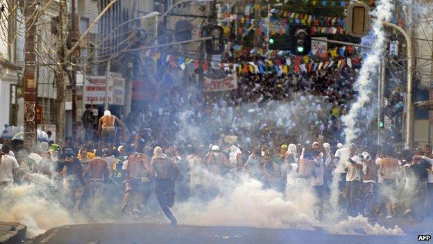 Protesters blocking an access to the Arena Fonte Nova Stadium in Salvador