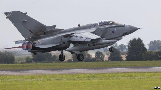 A Royal Air Force (RAF) Tornado GR4 aircraft takes off