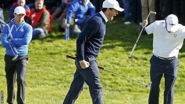 Keegan Bradley and Phil Mickelson celebrate at the Ryder Cup