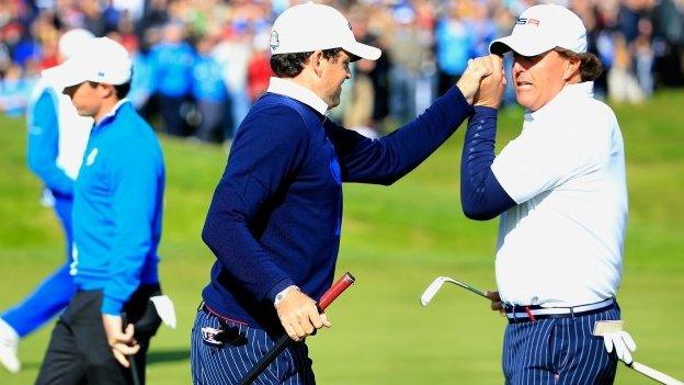 Keegan Bradley and Phil Mickelson celebrate at the Ryder Cup