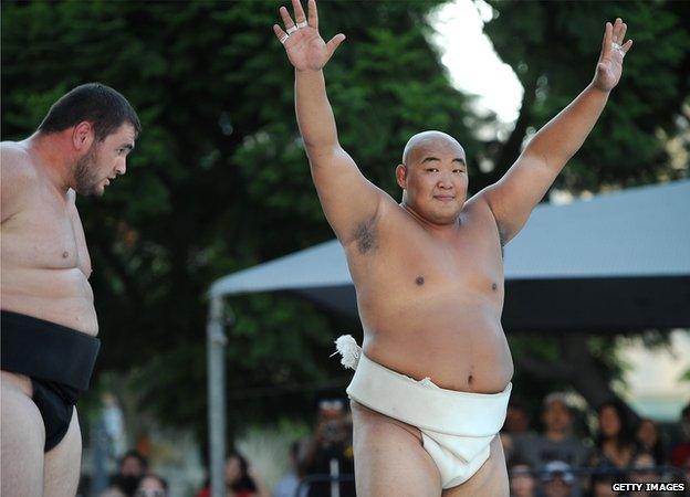 Byambajav Ulambayar (right) and Soslan Gagloev appeared at the 13th US Sumo Open in California on 15 September, 2013