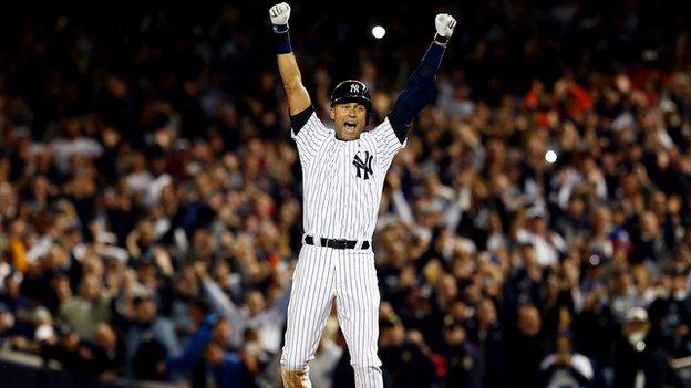 Derek Jeter celebrates his game-winning hit.