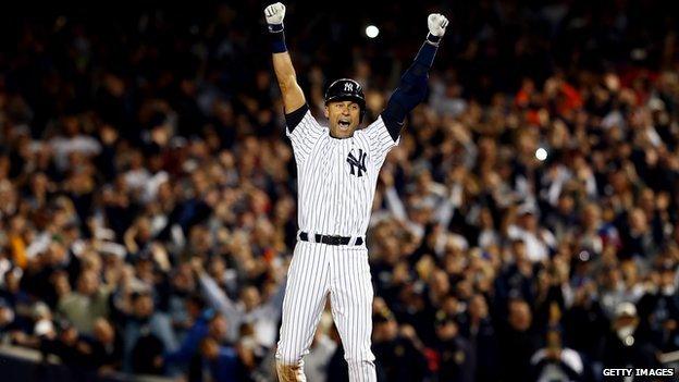 Derek Jeter celebrates his game-winning hit.