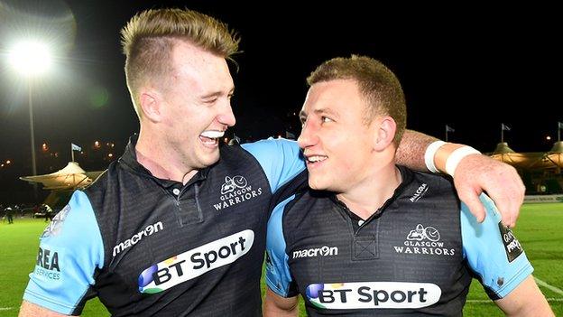 Stuart Hogg and Duncan Weir celebrate Glasgow Warriors' victory