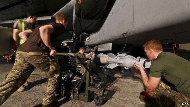 Royal Air Force Tornado GR4 being armed with Paveway IV laser-guided missile