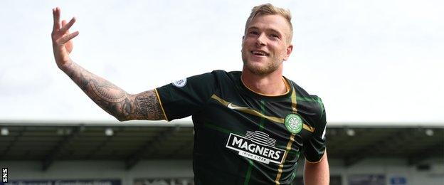 John Guidetti celebrates after scoring for Celtic against St Mirren