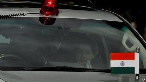 Jayalalitha being driven in her car in Chennai (September 2014)