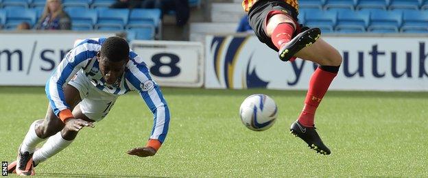 Tope Obadeyi scores for Kilmarnock against Partick Thistle