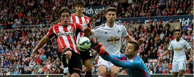 Swansea goalkeeper Lukasz Fabianski denies Sunderland's Billy Jones