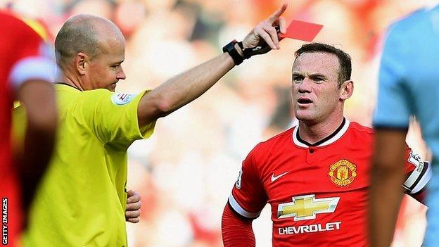 Manchester United striker Wayne rooney is sent off against West Ham