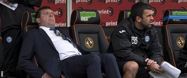 St Johnstone manager Tommy Wright (left) shows his displeasure in the dugout