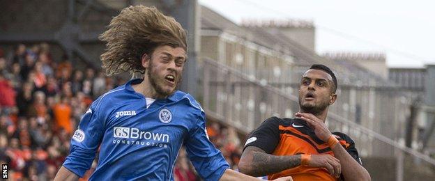 Murray Davidson (left) challenges Dundee United's Mario Bilate