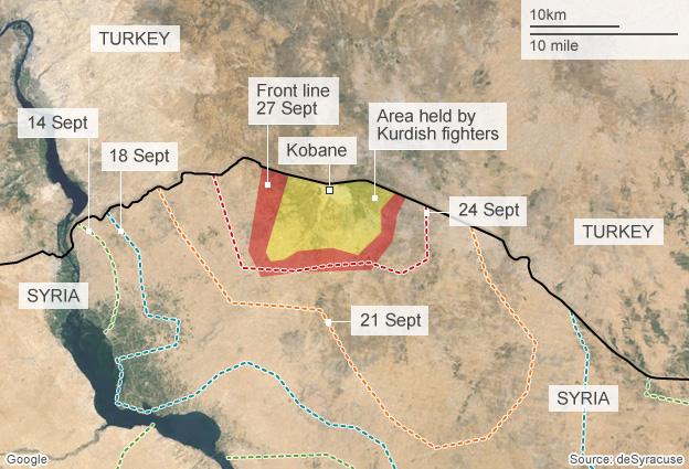 map showing IS advance on Kobane