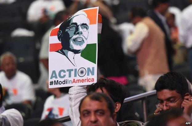 A poster of Indian Prime Minister Narendra Modi at Madison Square Garden, New York, 28 September