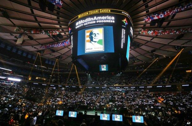 A poster of Indian Prime Minister Narendra Modi above Madison Square Garden, New York, 28 September