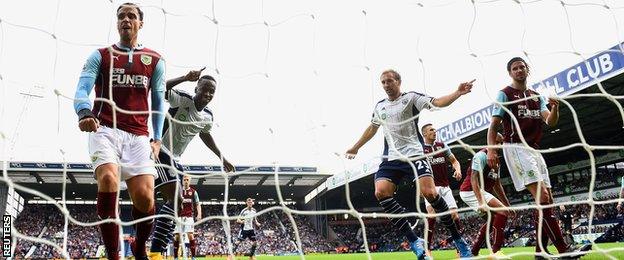 West Brom striker Saido Berahino celebrates scoring against Burnley