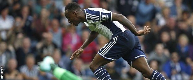 West Brom striker Saido Berahino celebrates scoring against Burnley