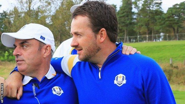 Paul McGinley and Graeme McDowell celebrate after Europe's Ryder Cup triumph