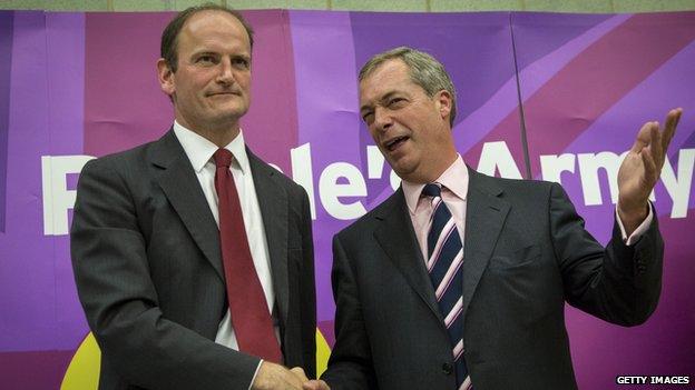 Douglas Carswell shaking hands with Nigel Farage