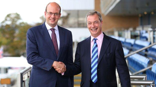 Mark Reckless shaking hands with Nigel Farage