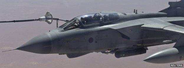 An RAF Tornado GR4 refuels from a Voyager tanker