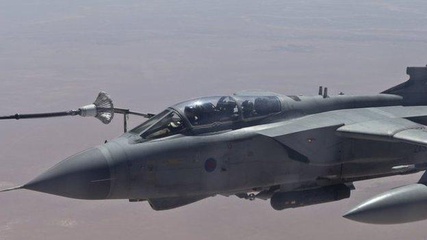 An RAF Tornado GR4 refuels from a Voyager tanker