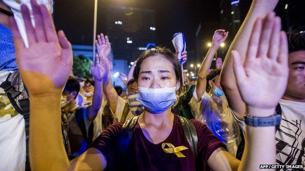 A gagged demonstrator at a pro-democracy protest in Hong Kong